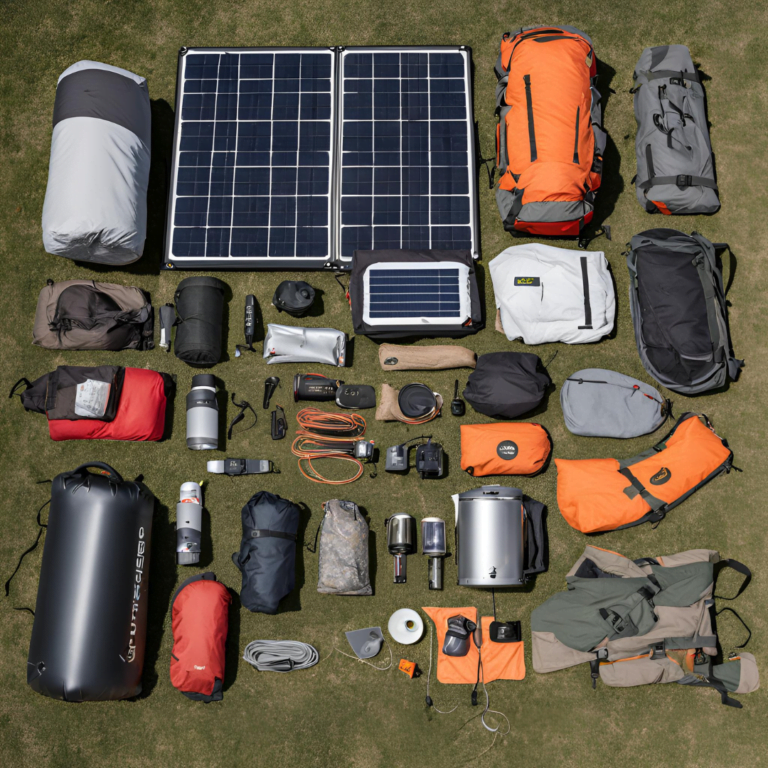 solar camping gear laid out