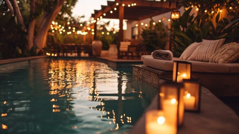 backyard pond with solar string light